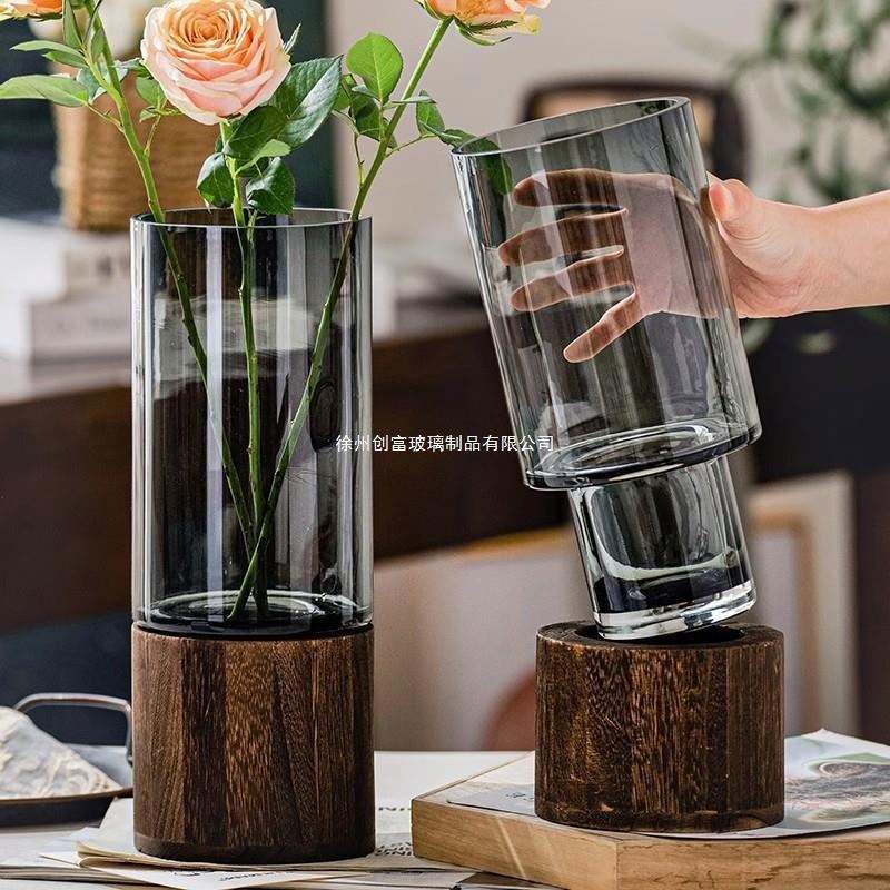 AuraHive Crafted Elegant Glass Vase with Wooden Base