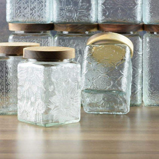 AuraHive Modern Square Shaped Glass Storage Jar (Begonia)