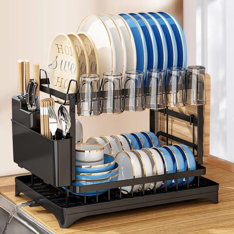AuraHive Double Layer Dish Drying Rack with Cutlery Holder