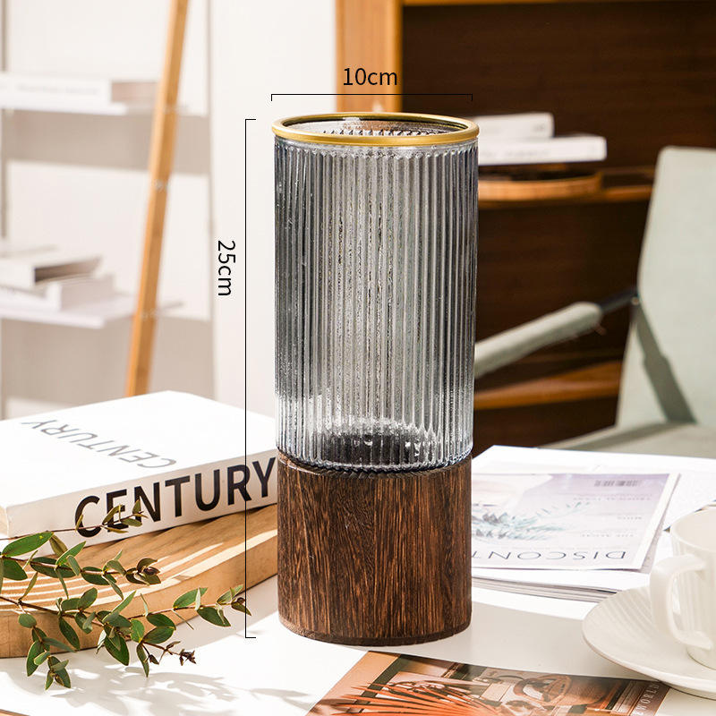 AuraHive Crafted Elegant Glass Vase with Wooden Base