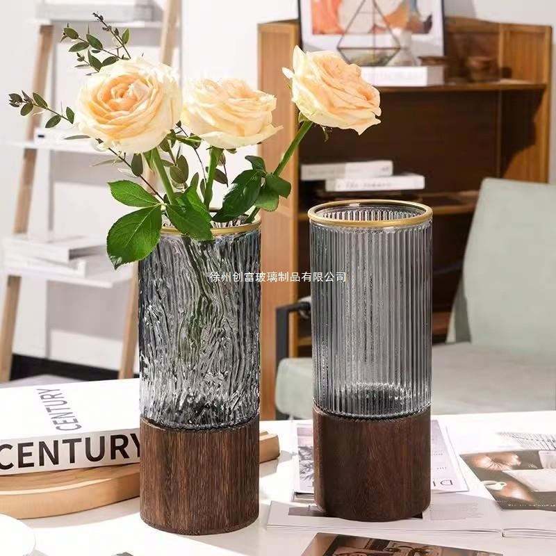 AuraHive Crafted Elegant Glass Vase with Wooden Base