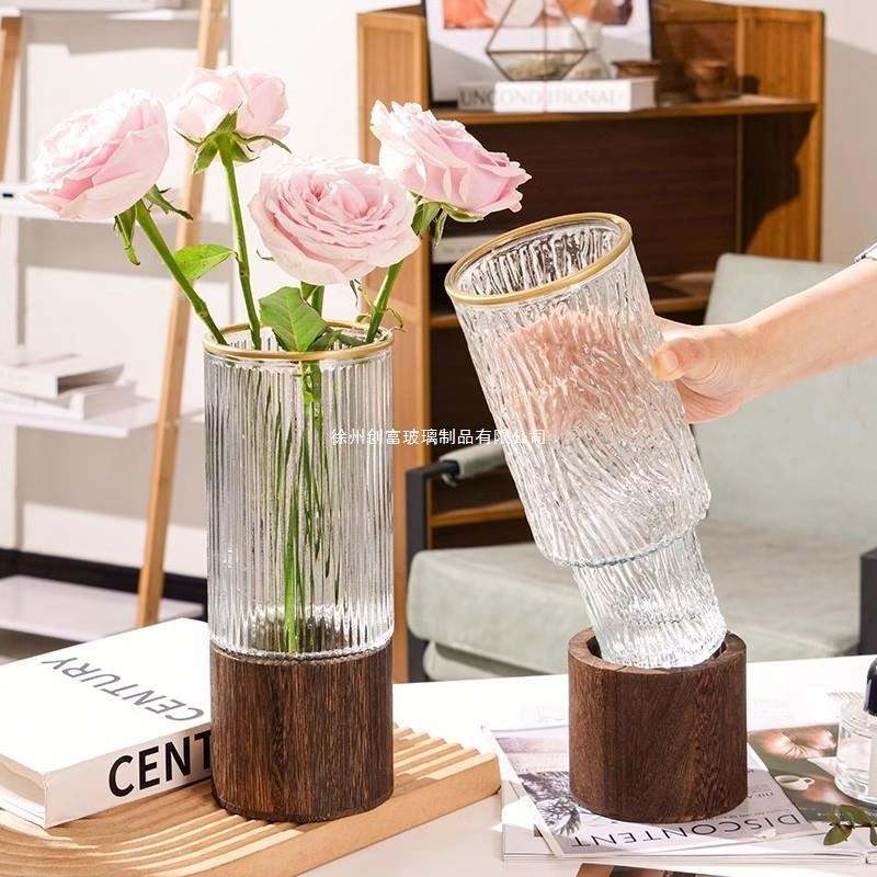AuraHive Crafted Elegant Glass Vase with Wooden Base